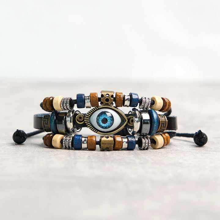 Pulsera de cuero ajustable con protección de ojo malvado tibetano y Buddha Stones