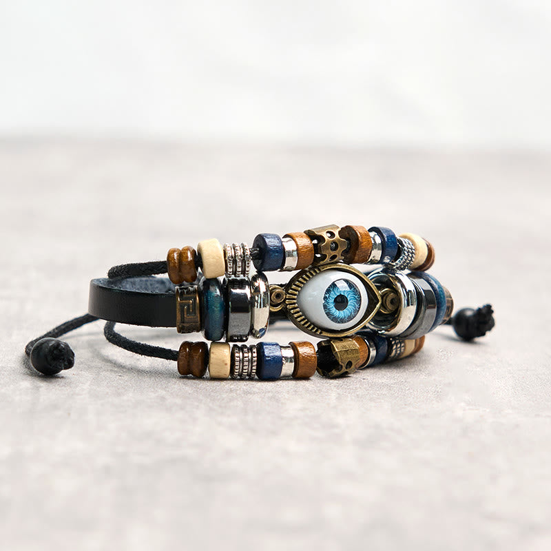 Pulsera de cuero ajustable con protección de ojo malvado tibetano y Buddha Stones