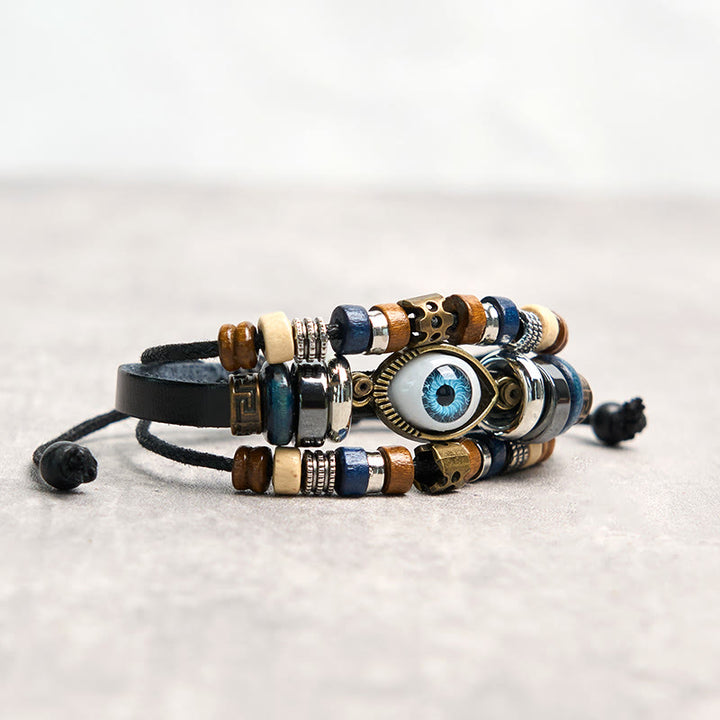 Pulsera de cuero ajustable con protección de ojo malvado tibetano y Buddha Stones