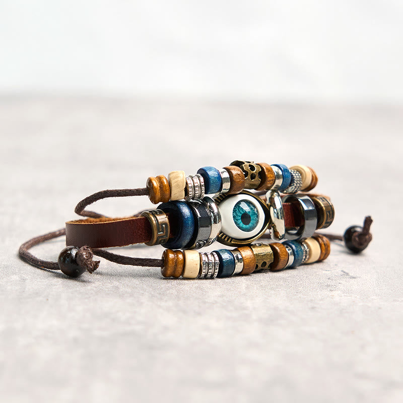 Pulsera de cuero ajustable con protección de ojo malvado tibetano y Buddha Stones