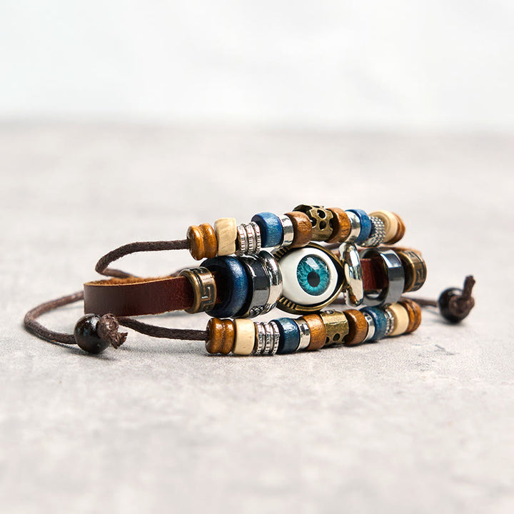 Pulsera de cuero ajustable con protección de ojo malvado tibetano y Buddha Stones