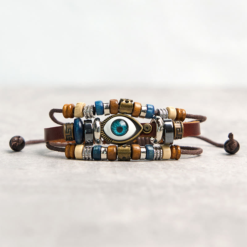 Pulsera de cuero ajustable con protección de ojo malvado tibetano y Buddha Stones