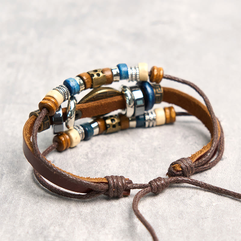 Pulsera de cuero ajustable con protección de ojo malvado tibetano y Buddha Stones