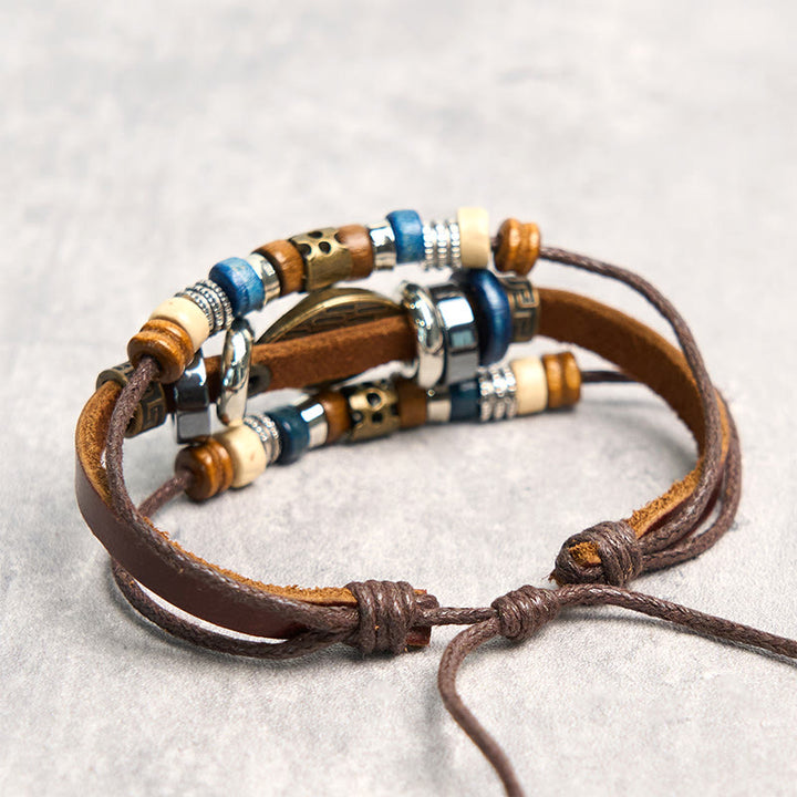 Pulsera de cuero ajustable con protección de ojo malvado tibetano y Buddha Stones