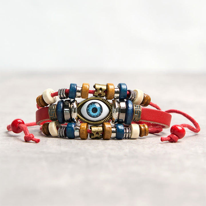 Pulsera de cuero ajustable con protección de ojo malvado tibetano y Buddha Stones