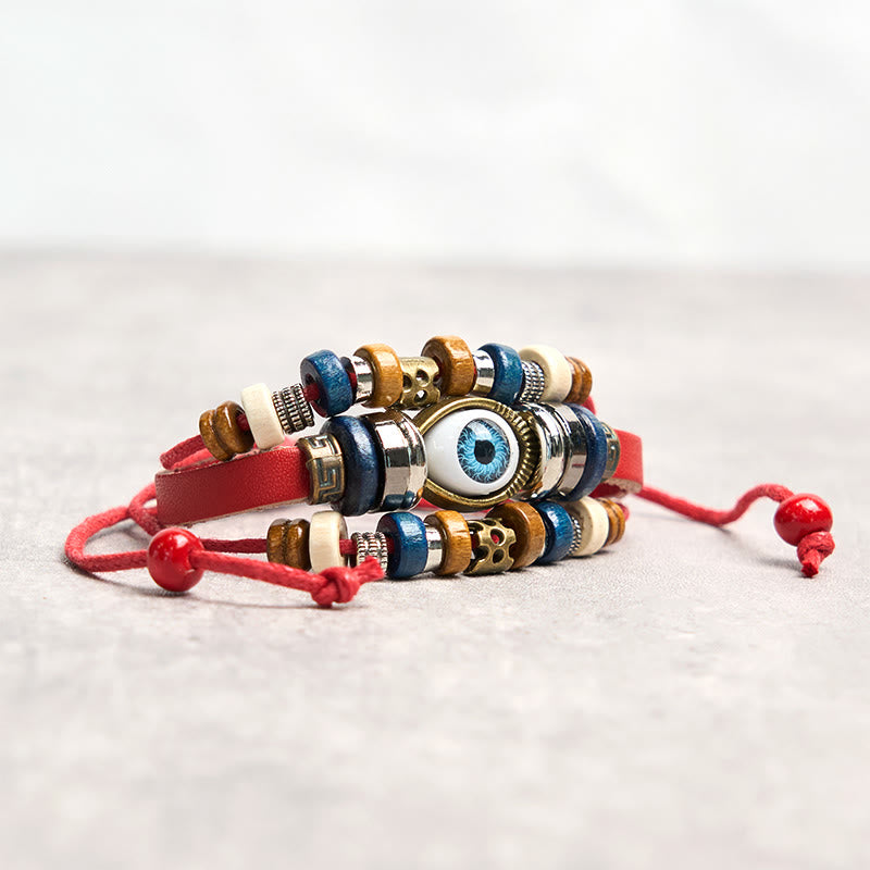 Pulsera de cuero ajustable con protección de ojo malvado tibetano y Buddha Stones