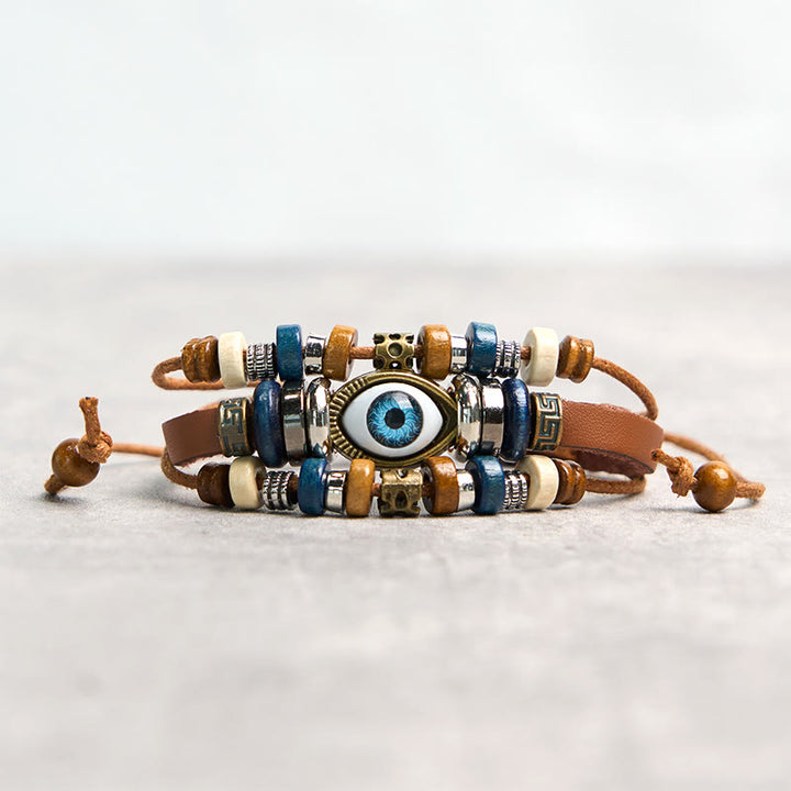 Pulsera de cuero ajustable con protección de ojo malvado tibetano y Buddha Stones