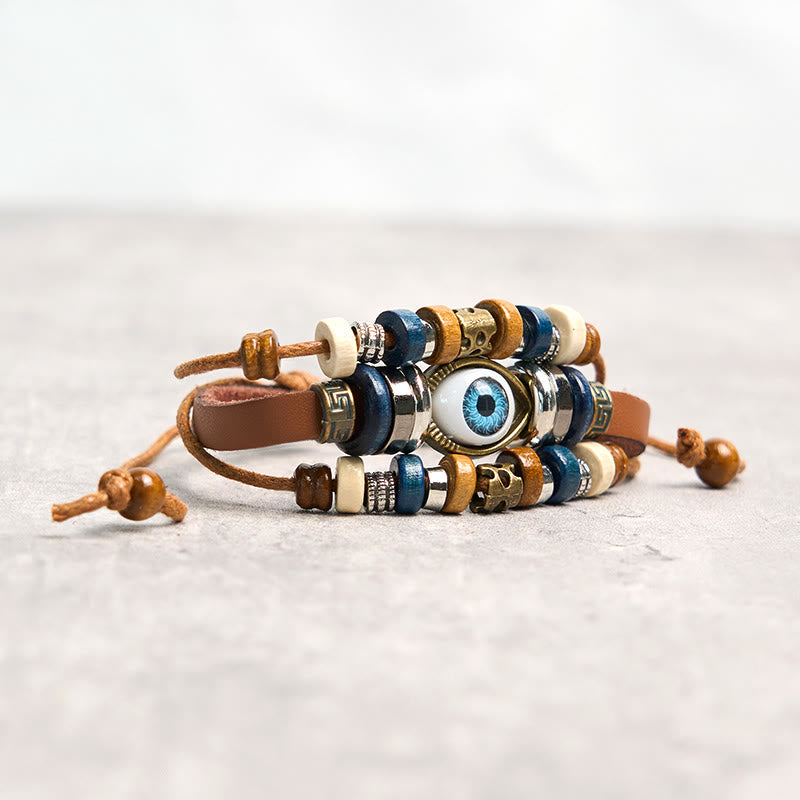 Pulsera de cuero ajustable con protección de ojo malvado tibetano y Buddha Stones