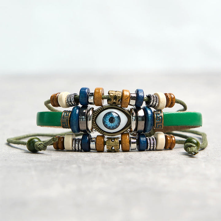 Pulsera de cuero ajustable con protección de ojo malvado tibetano y Buddha Stones