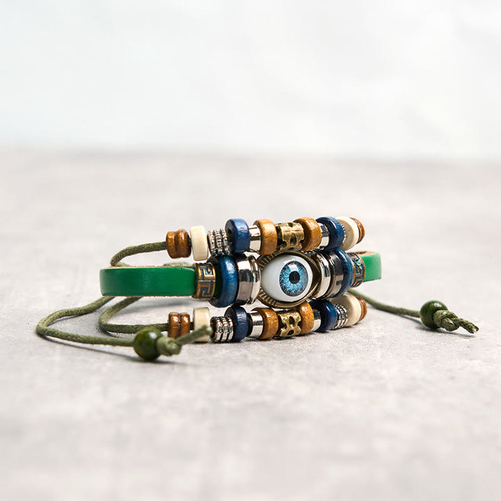 Pulsera de cuero ajustable con protección de ojo malvado tibetano y Buddha Stones