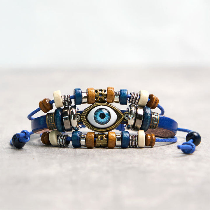 Pulsera de cuero ajustable con protección de ojo malvado tibetano y Buddha Stones