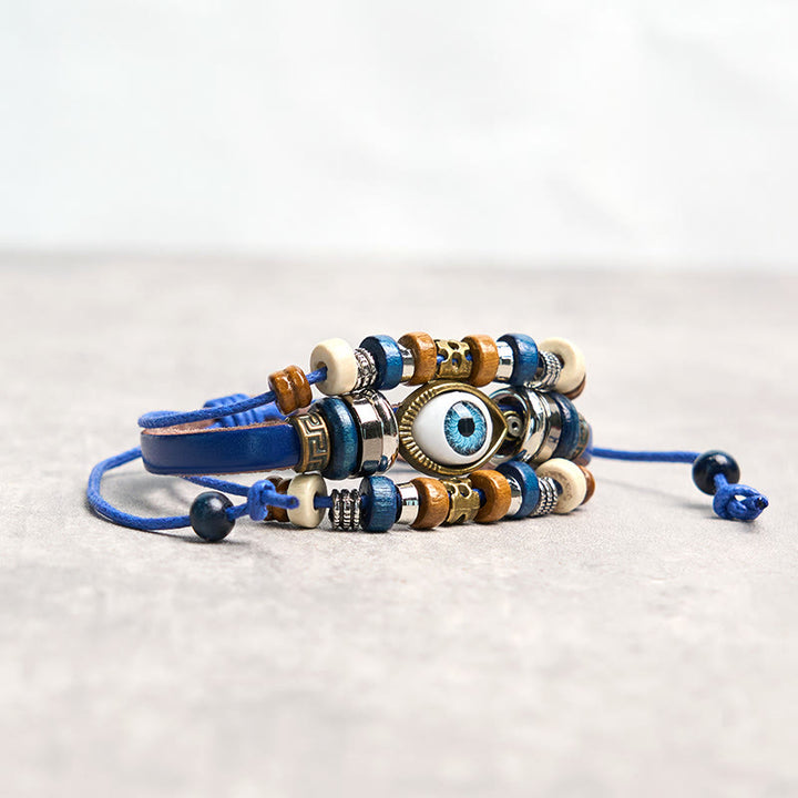 Pulsera de cuero ajustable con protección de ojo malvado tibetano y Buddha Stones