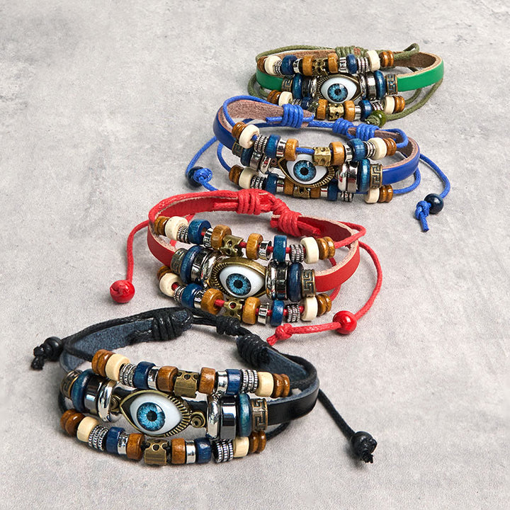 Pulsera de cuero ajustable con protección de ojo malvado tibetano y Buddha Stones
