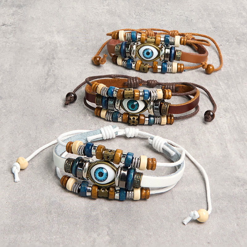 Pulsera de cuero ajustable con protección de ojo malvado tibetano y Buddha Stones