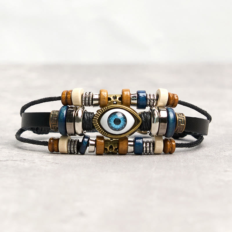 Pulsera de cuero ajustable con protección de ojo malvado tibetano y Buddha Stones