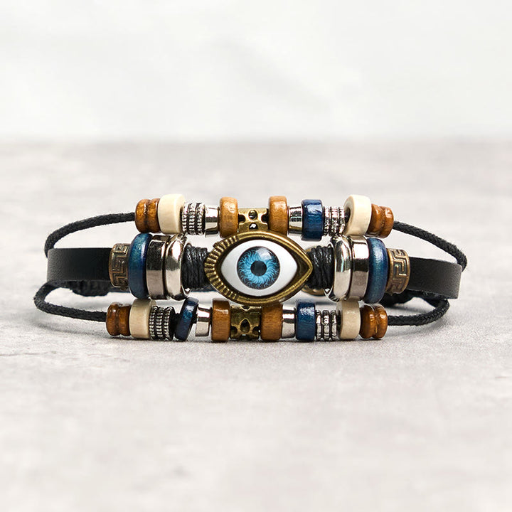 Pulsera de cuero ajustable con protección de ojo malvado tibetano y Buddha Stones