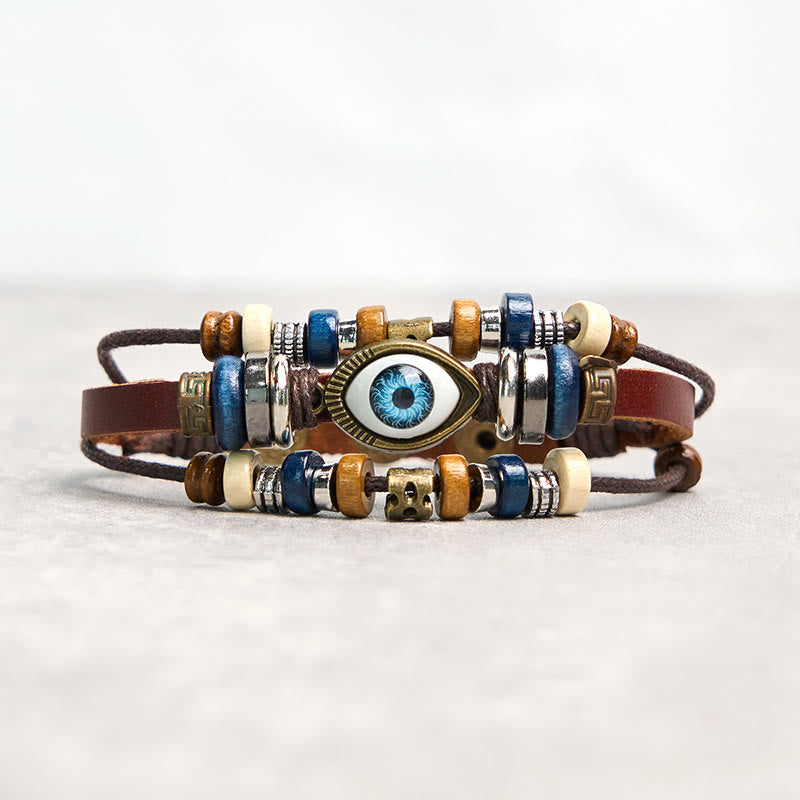 Pulsera de cuero ajustable con protección de ojo malvado tibetano y Buddha Stones
