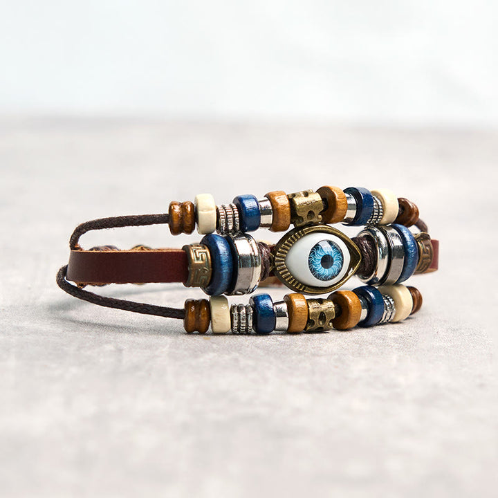 Pulsera de cuero ajustable con protección de ojo malvado tibetano y Buddha Stones