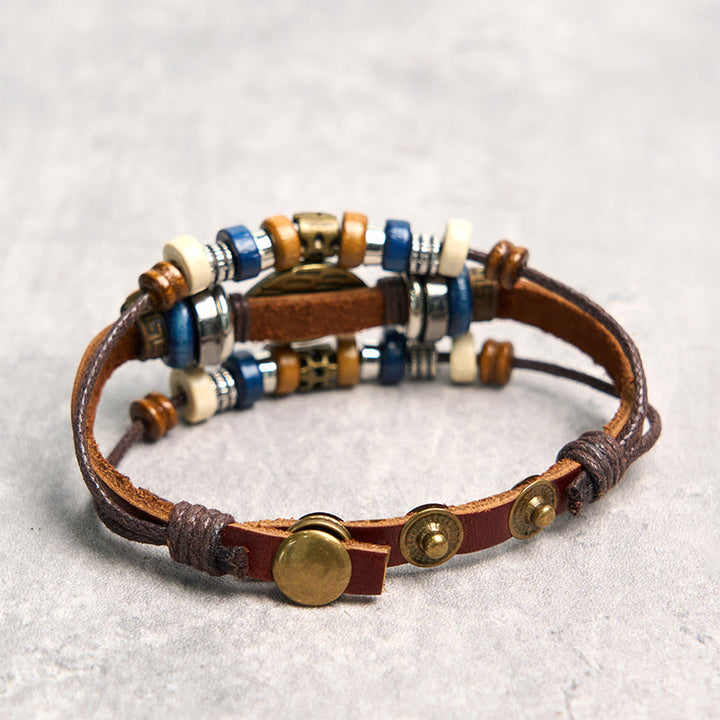 Pulsera de cuero ajustable con protección de ojo malvado tibetano y Buddha Stones