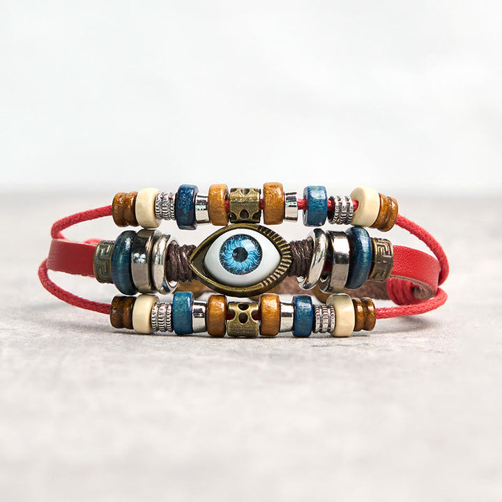 Pulsera de cuero ajustable con protección de ojo malvado tibetano y Buddha Stones