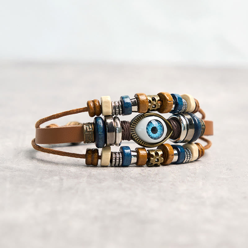 Pulsera de cuero ajustable con protección de ojo malvado tibetano y Buddha Stones