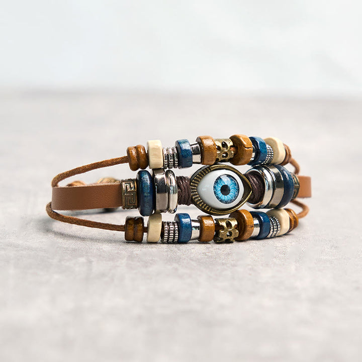 Pulsera de cuero ajustable con protección de ojo malvado tibetano y Buddha Stones