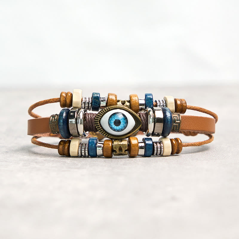 Pulsera de cuero ajustable con protección de ojo malvado tibetano y Buddha Stones