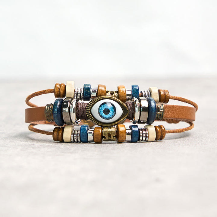 Pulsera de cuero ajustable con protección de ojo malvado tibetano y Buddha Stones