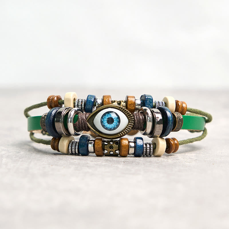 Pulsera de cuero ajustable con protección de ojo malvado tibetano y Buddha Stones
