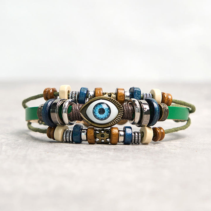 Pulsera de cuero ajustable con protección de ojo malvado tibetano y Buddha Stones