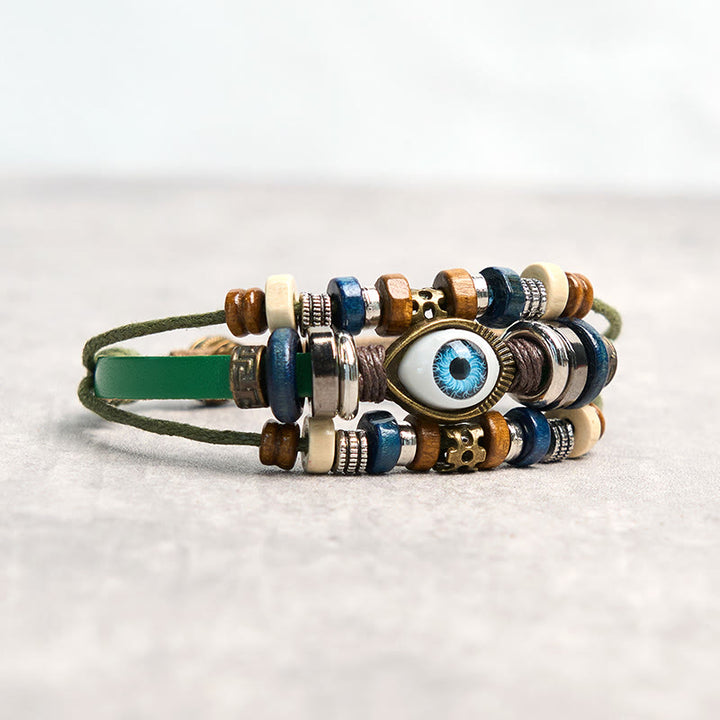 Pulsera de cuero ajustable con protección de ojo malvado tibetano y Buddha Stones