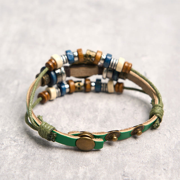 Pulsera de cuero ajustable con protección de ojo malvado tibetano y Buddha Stones