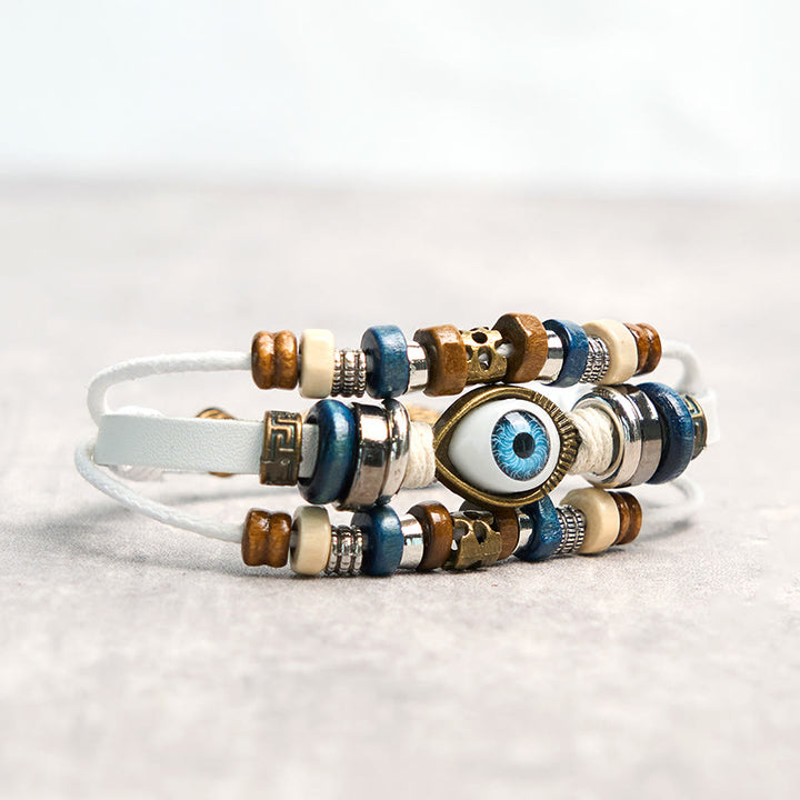 Pulsera de cuero ajustable con protección de ojo malvado tibetano y Buddha Stones