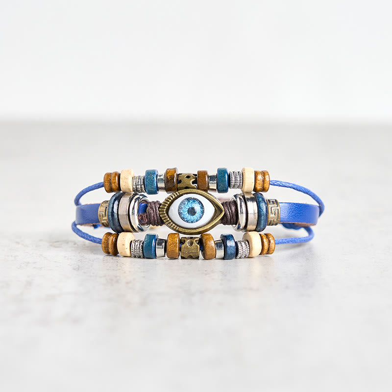 Pulsera de cuero ajustable con protección de ojo malvado tibetano y Buddha Stones