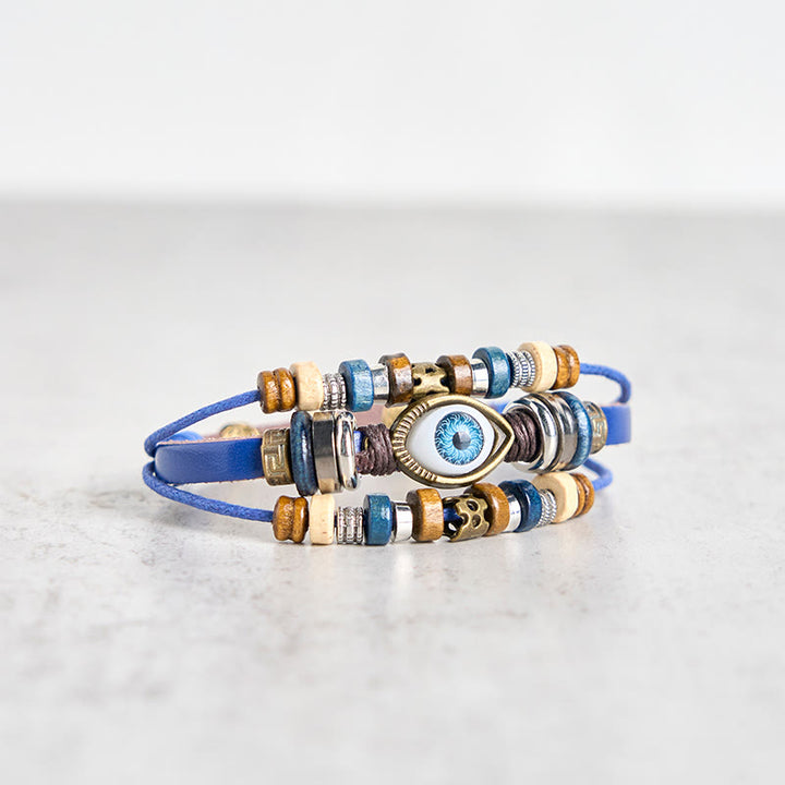 Pulsera de cuero ajustable con protección de ojo malvado tibetano y Buddha Stones
