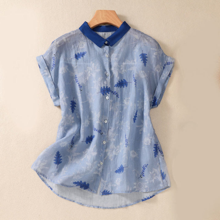 Camisa de manga corta para mujer con estampado de Buddha Stones, flores amarillas pequeñas, hojas y botones. - Celeste - US8-10，UK/AU12-14，EU40-42 (2XL) - image 9