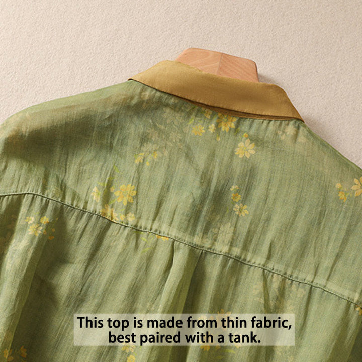 Camisa de manga corta para mujer con estampado de Buddha Stones, flores amarillas pequeñas, hojas y botones. - image 4