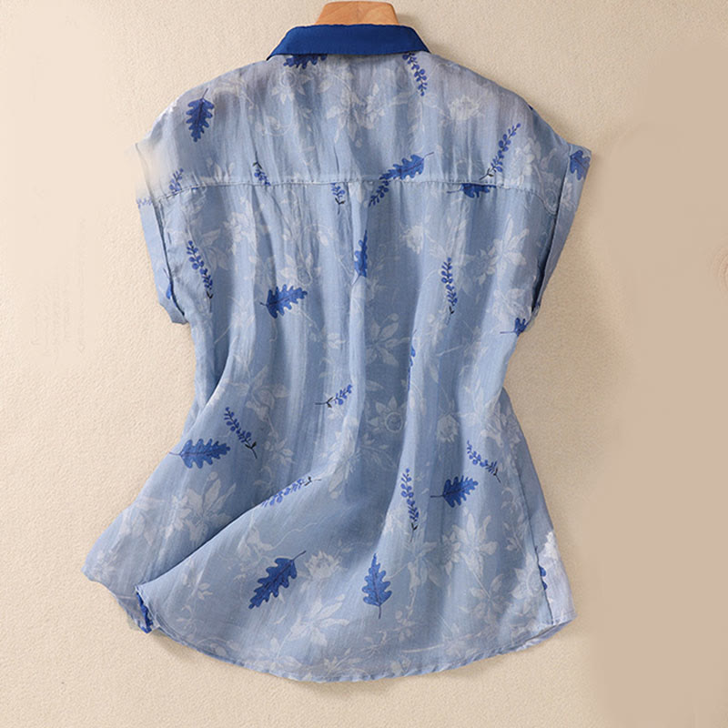 Camisa de manga corta para mujer con estampado de Buddha Stones, flores amarillas pequeñas, hojas y botones. - image 10