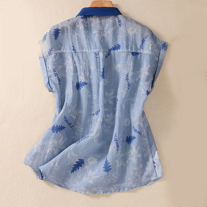 Camisa de manga corta para mujer con estampado de Buddha Stones, flores amarillas pequeñas, hojas y botones. - image 10