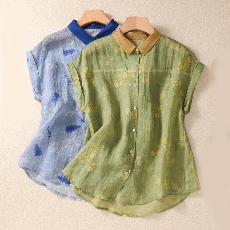 Camisa de manga corta para mujer con estampado de Buddha Stones, flores amarillas pequeñas, hojas y botones. - image 1