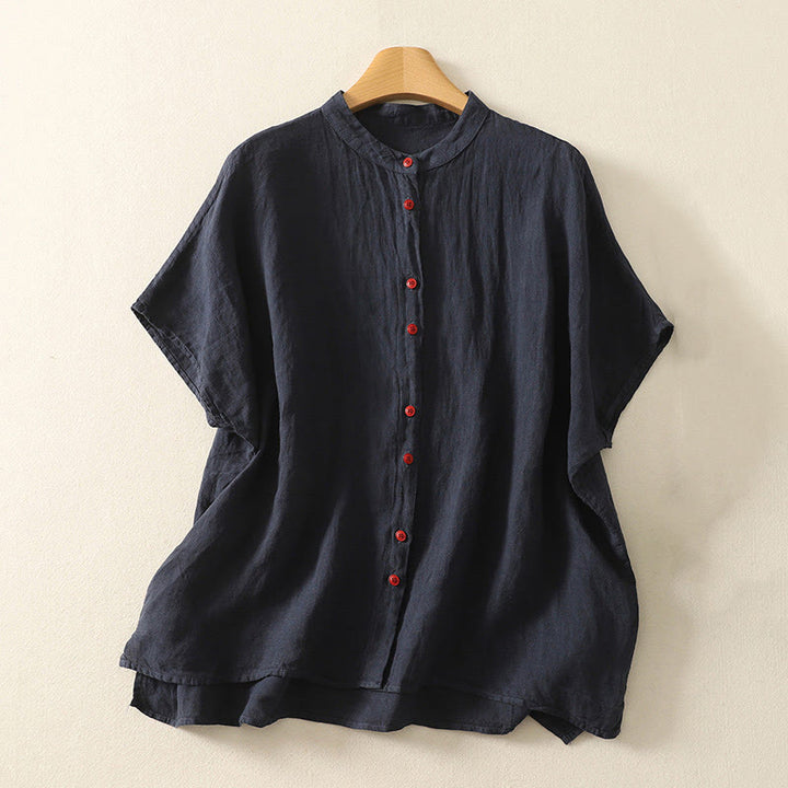 Camisa de lino y algodón de manga corta para mujer con botones rojos y lisos de verano Buddha Stones - Azul medianoche - US14，UK/AU18，EU46 (2XL) - image 0