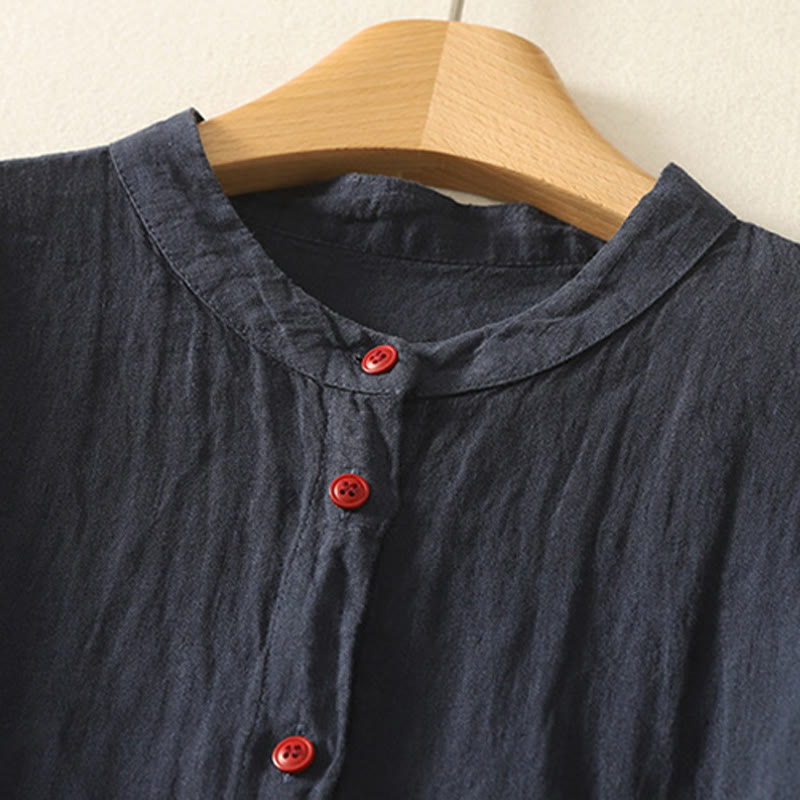 Camisa de mujer de manga corta con botones rojos lisos y estampado de Buddha Stones para verano. - image 1