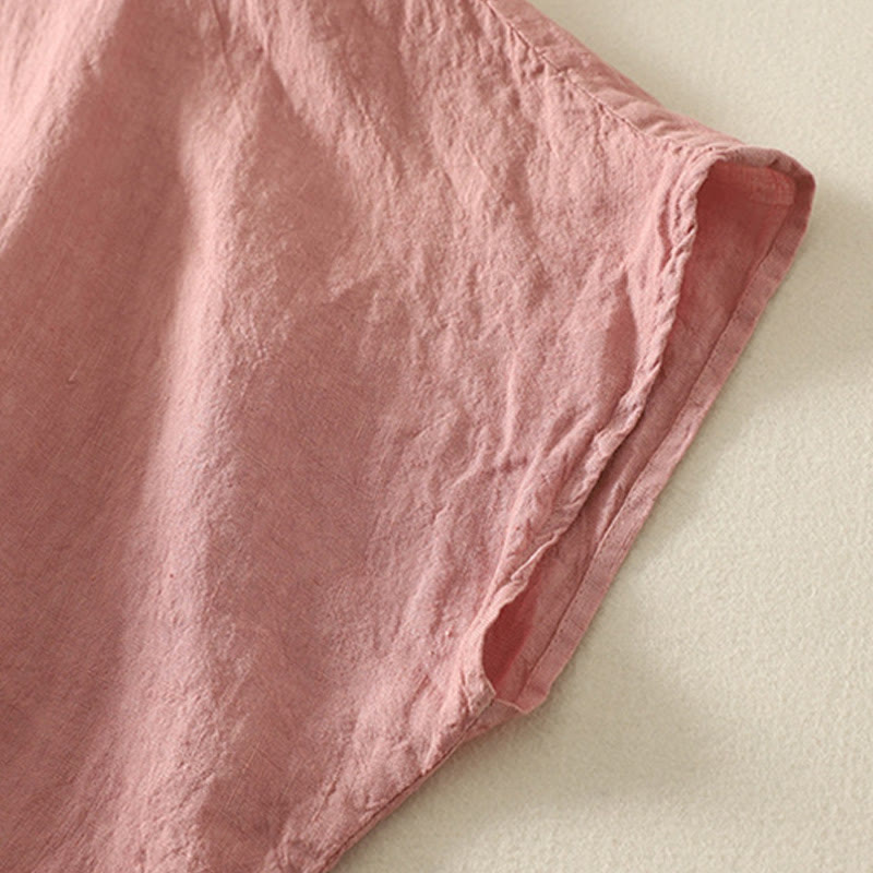 Camisa de lino y algodón de manga corta para mujer con botones rojos y lisos de verano Buddha Stones - image 10