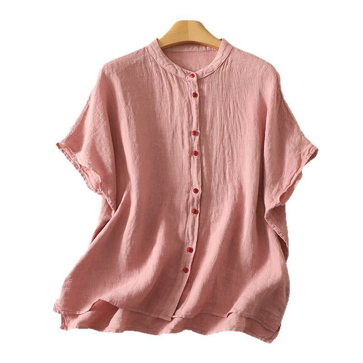 Camisa de mujer de manga corta con botones rojos lisos y estampado de Buddha Stones para verano. - image 14