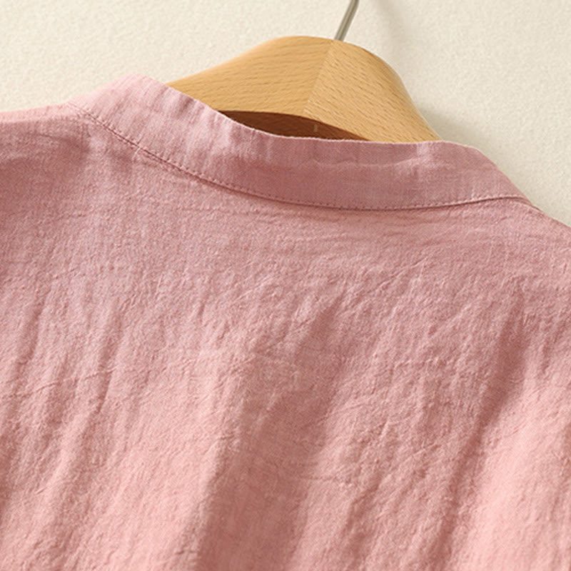 Camisa de lino y algodón de manga corta para mujer con botones rojos y lisos de verano Buddha Stones - image 7