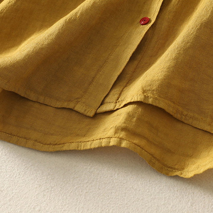 Camisa de lino y algodón de manga corta para mujer con botones rojos y lisos de verano Buddha Stones - image 18