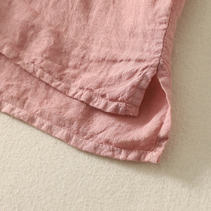 Camisa de lino y algodón de manga corta para mujer con botones rojos y lisos de verano Buddha Stones - image 13