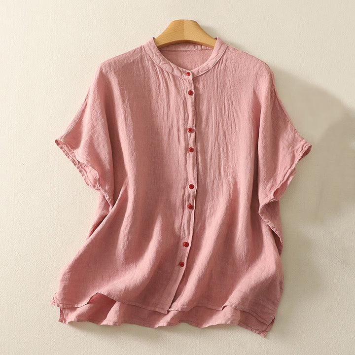Camisa de mujer de manga corta con botones rojos lisos y estampado de Buddha Stones para verano. - Salmón oscuro - US14，UK/AU18，EU46 (2XL) - image 4