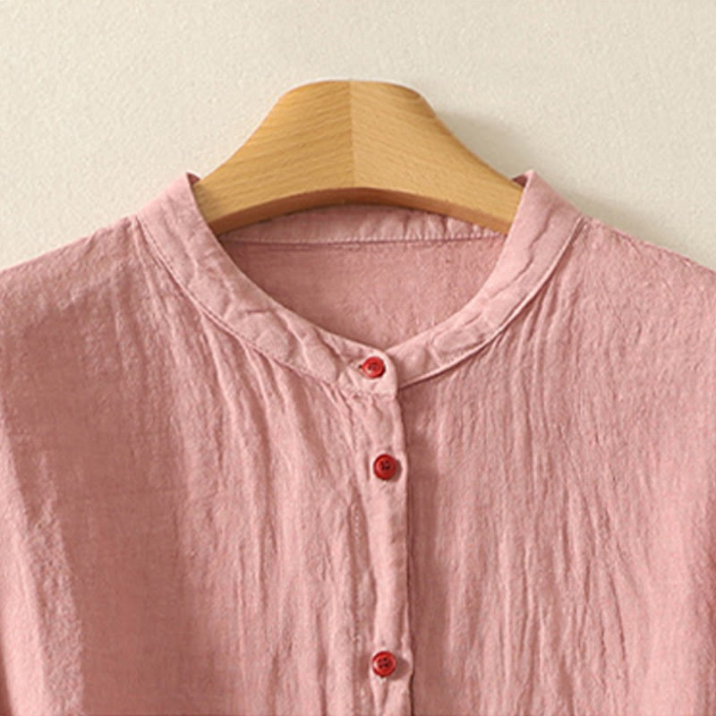 Camisa de mujer de manga corta con botones rojos lisos y estampado de Buddha Stones para verano. - image 6