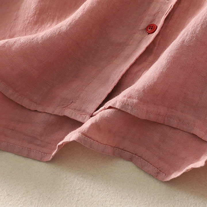 Camisa de lino y algodón de manga corta para mujer con botones rojos y lisos de verano Buddha Stones - image 11